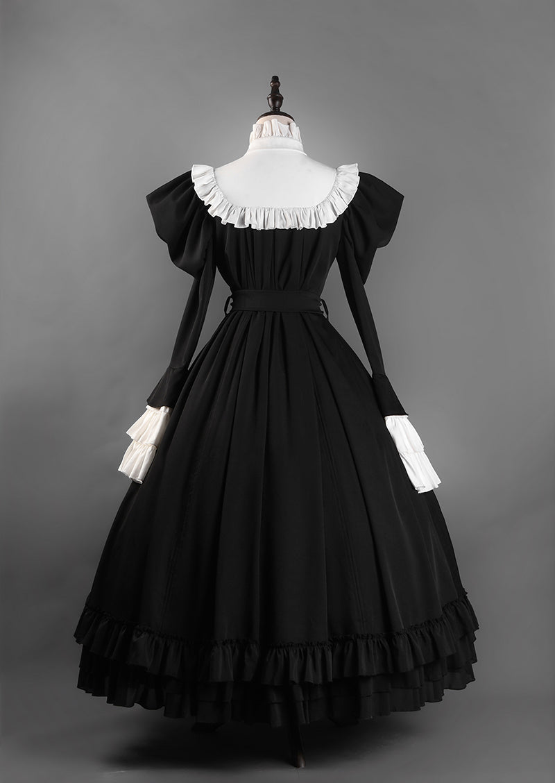 Victorian-Inspired Black and White Gothic Ball Gown with Cross Embroidery – Edwardian High Neck Lolita Dress Plus Size