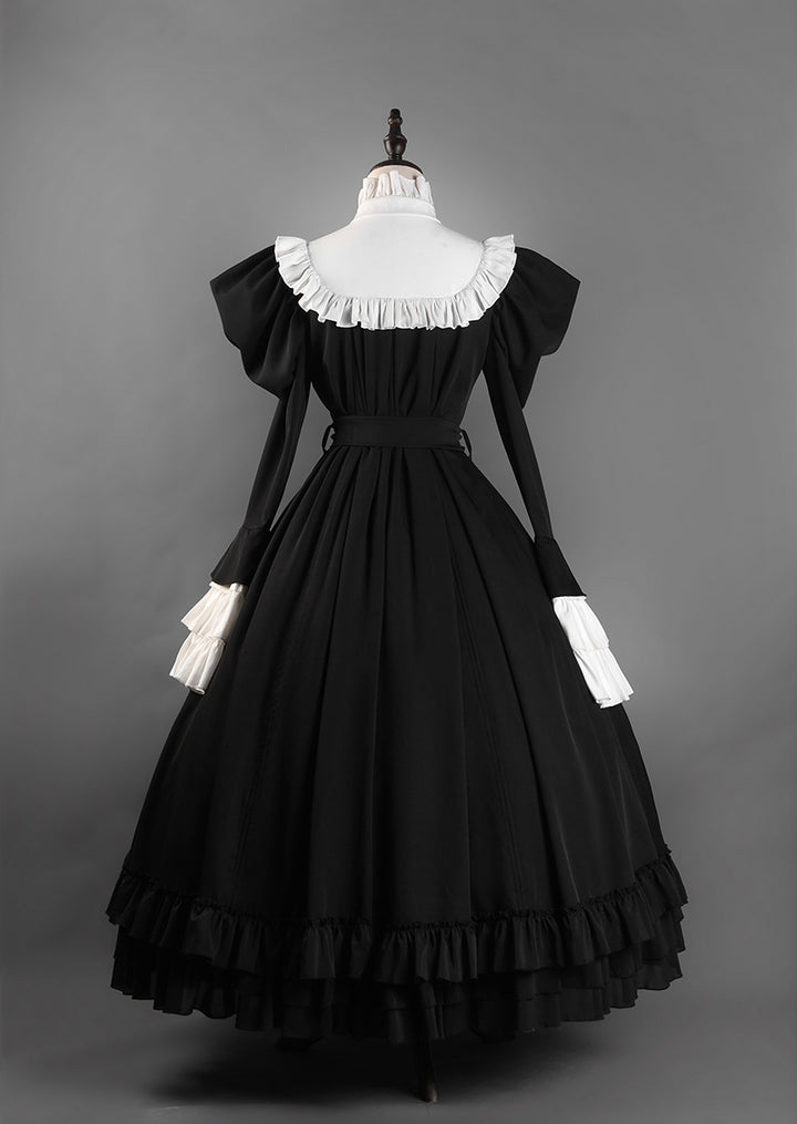 Victorian-Inspired Black and White Gothic Ball Gown with Cross Embroidery – Edwardian High Neck Lolita Dress Plus Size