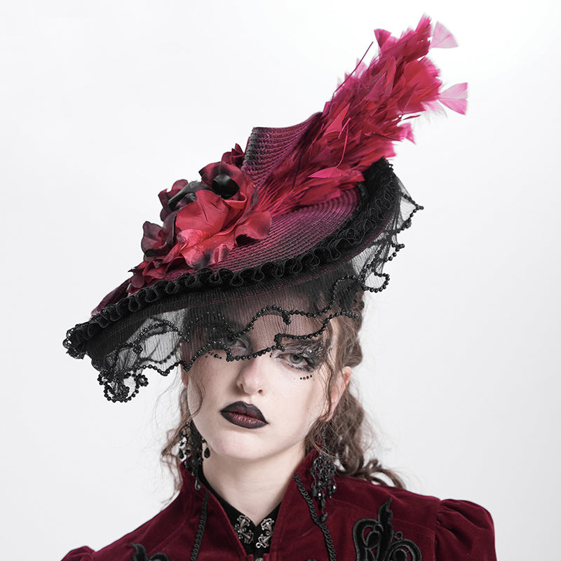 Victorian-Inspired Black and Silver Gothic Lace Fascinator Hat with Roses and Feathers