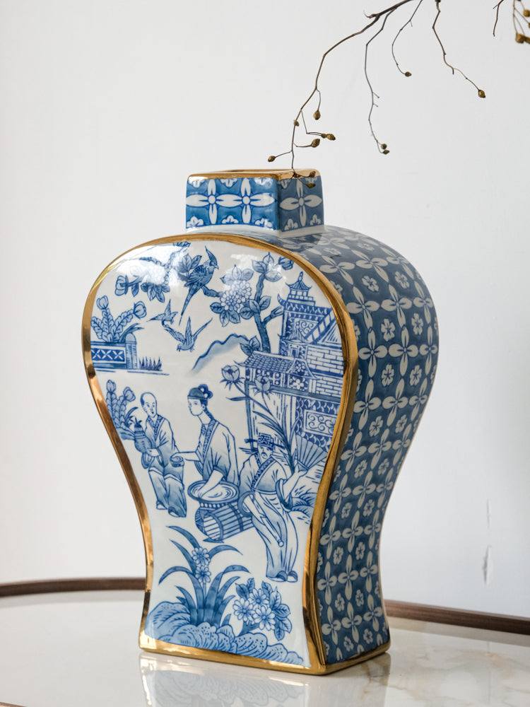 French Imported Oriental Hand-Painted Blue and White Porcelain Vases with Gilded Accents