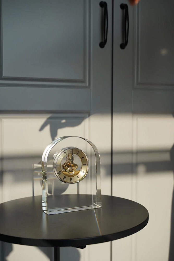 Vintage-Inspired Luxury Handmade K9 Waterford Crystal Clock  with Brass Accents in Heavy Transparent