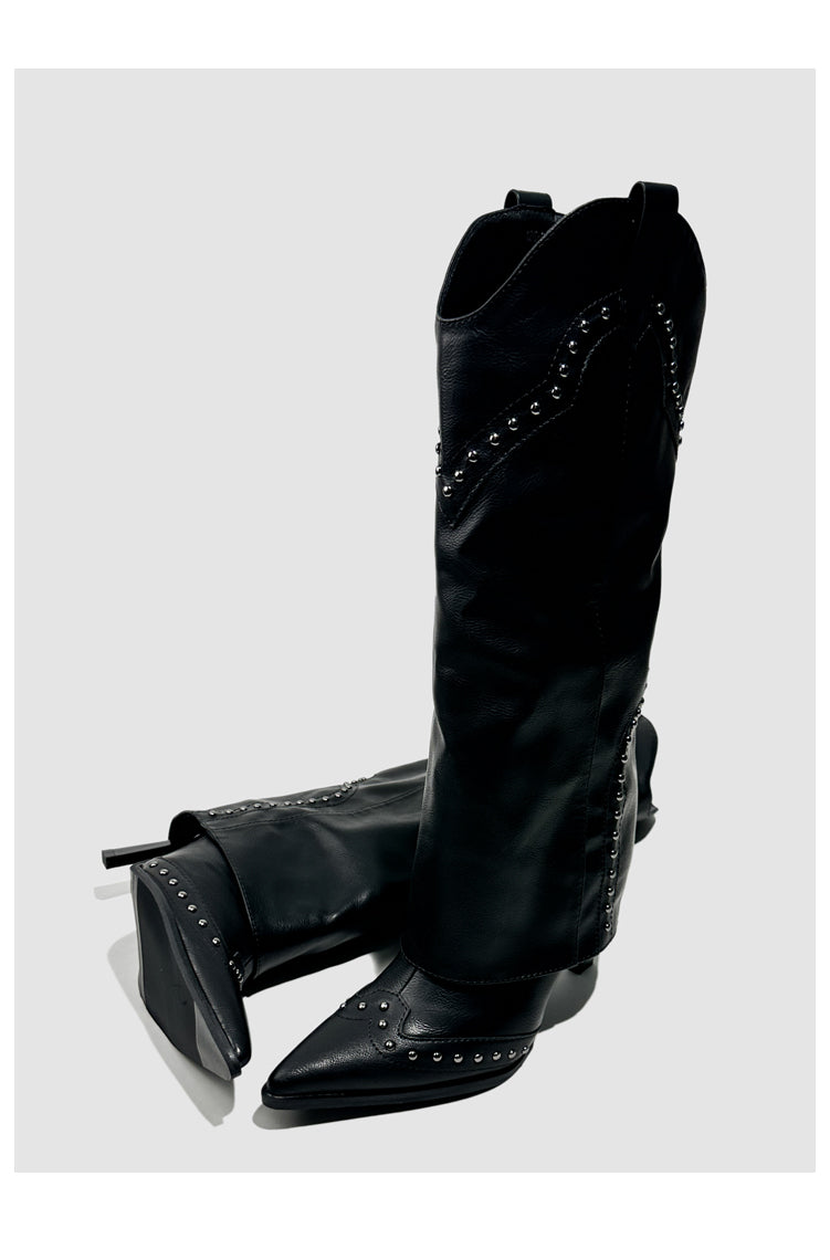 Vintage-Inspired Handmade Gothic Black Cowhide Leather Cowgirl Boots and Boho Western Heeled Boots