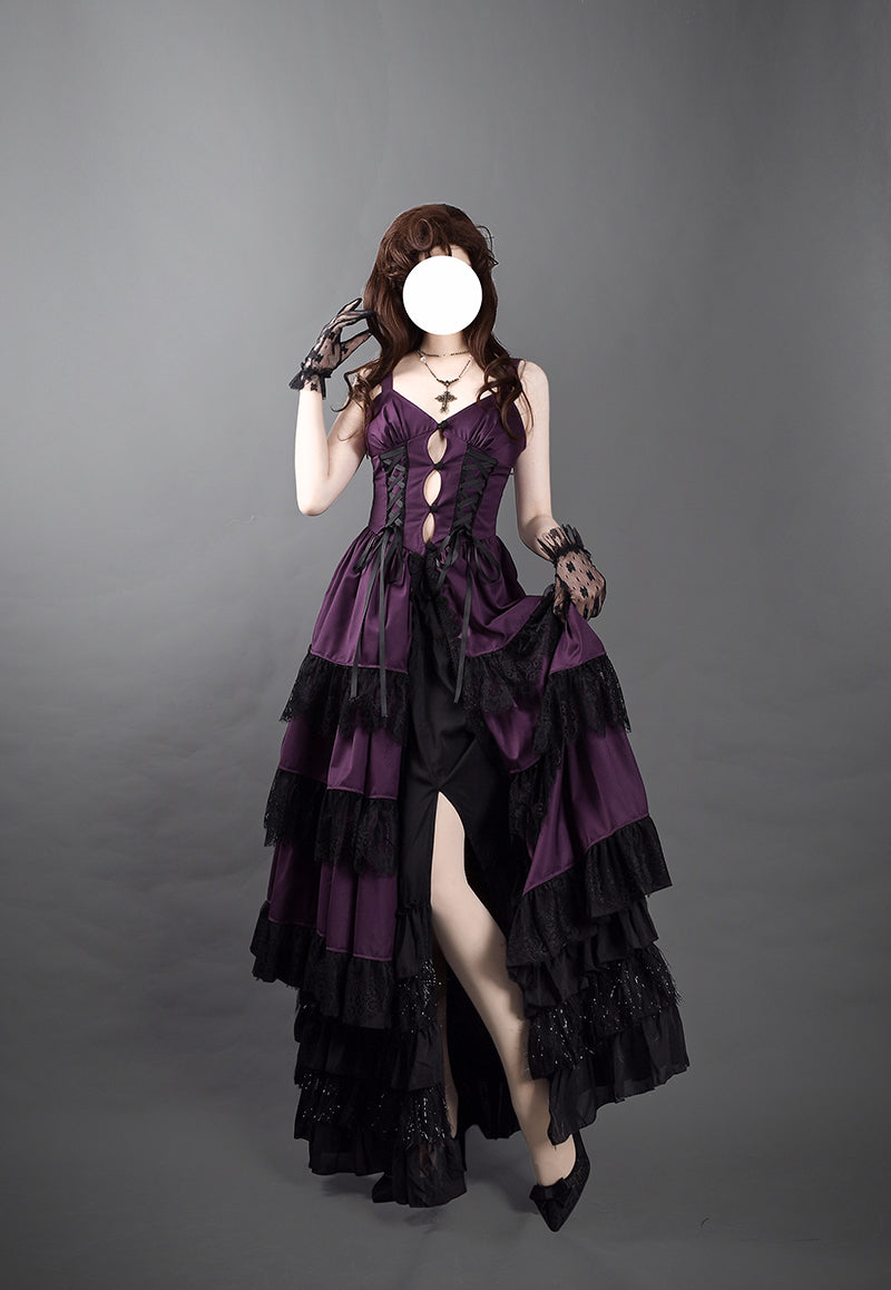 Victorian-Inspired Gothic Purple and Black Lace Ball Gown with Corset Bodice – Layered Satin Evening Dress Plus Size