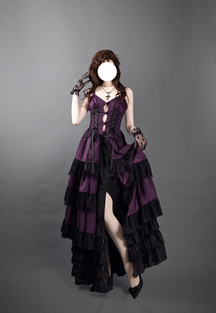 Victorian-Inspired Gothic Purple and Black Lace Ball Gown with Corset Bodice – Layered Satin Evening Dress Plus Size
