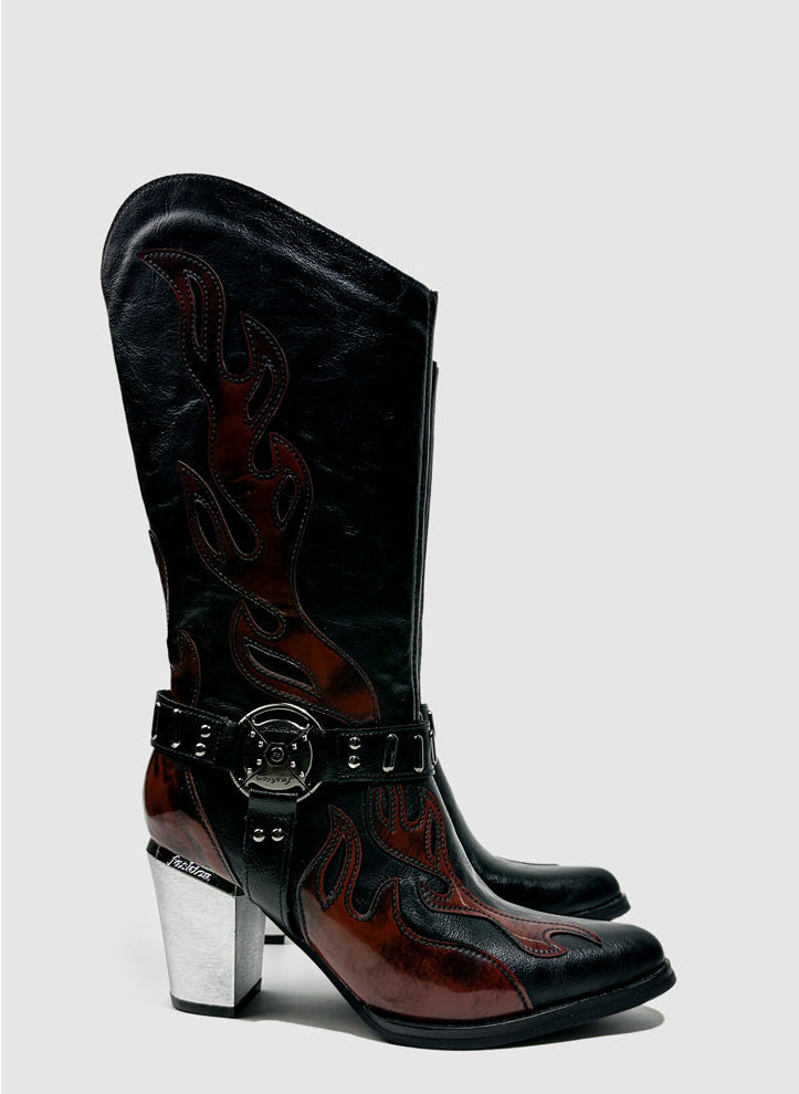 Vintage-Inspired Handmade Gothic Black Cowhide Leather Cowgirl Boots with Metal Heel Western Mid Calf Boots