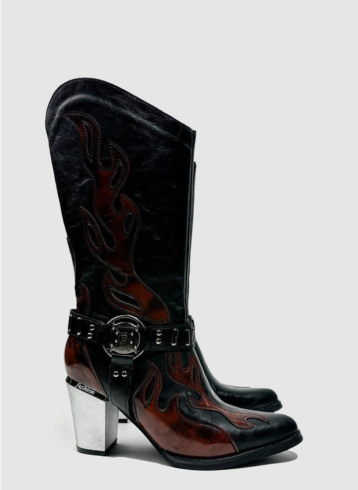 Vintage-Inspired Handmade Gothic Black Cowhide Leather Cowgirl Boots with Metal Heel Western Mid Calf Boots