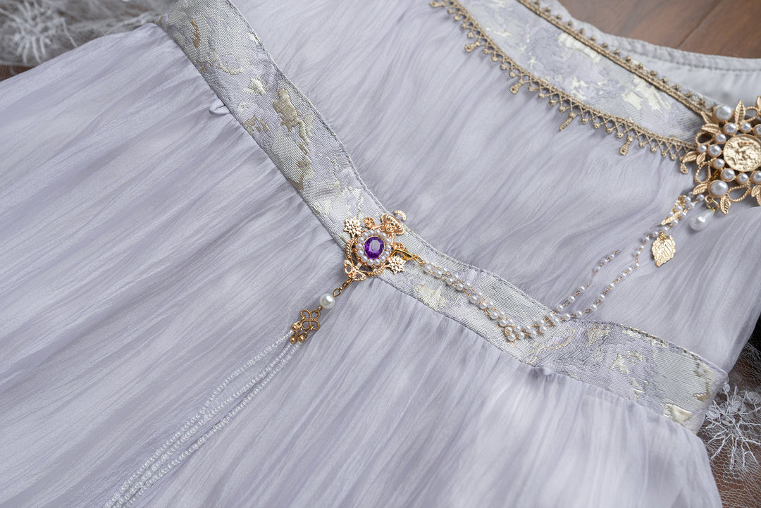 Regency Era Lavender Puprple Empire Waist Dress with Puff Sleeves and Gold Trim – Bridgerton Inspired Regency Era Dress Plus Size
