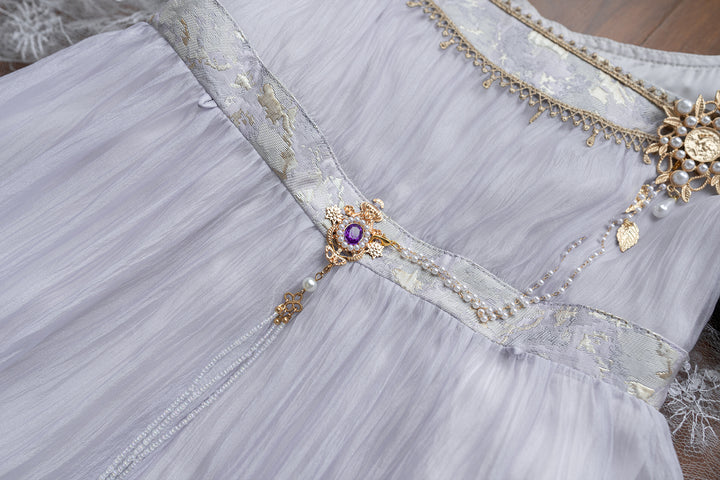Regency Era Lavender Puprple Empire Waist Dress with Puff Sleeves and Gold Trim – Bridgerton Inspired Regency Era Dress Plus Size