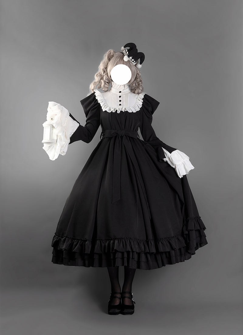 Victorian-Inspired Black and White Gothic Ball Gown with Cross Embroidery – Edwardian High Neck Lolita Dress Plus Size
