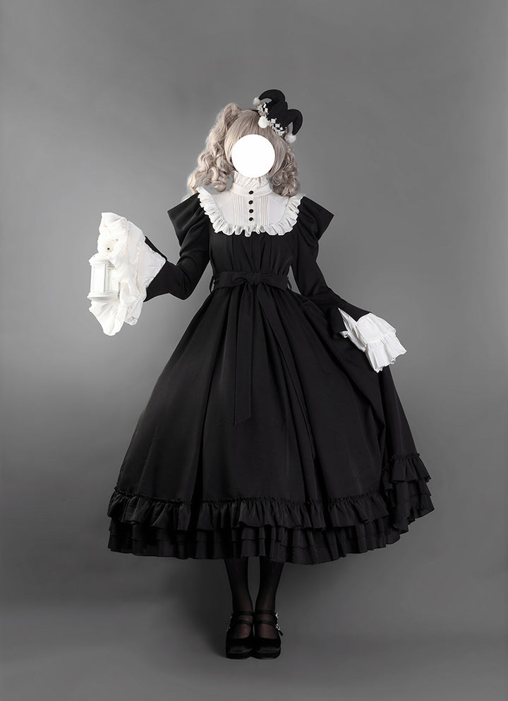 Victorian-Inspired Black and White Gothic Ball Gown with Cross Embroidery – Edwardian High Neck Lolita Dress Plus Size