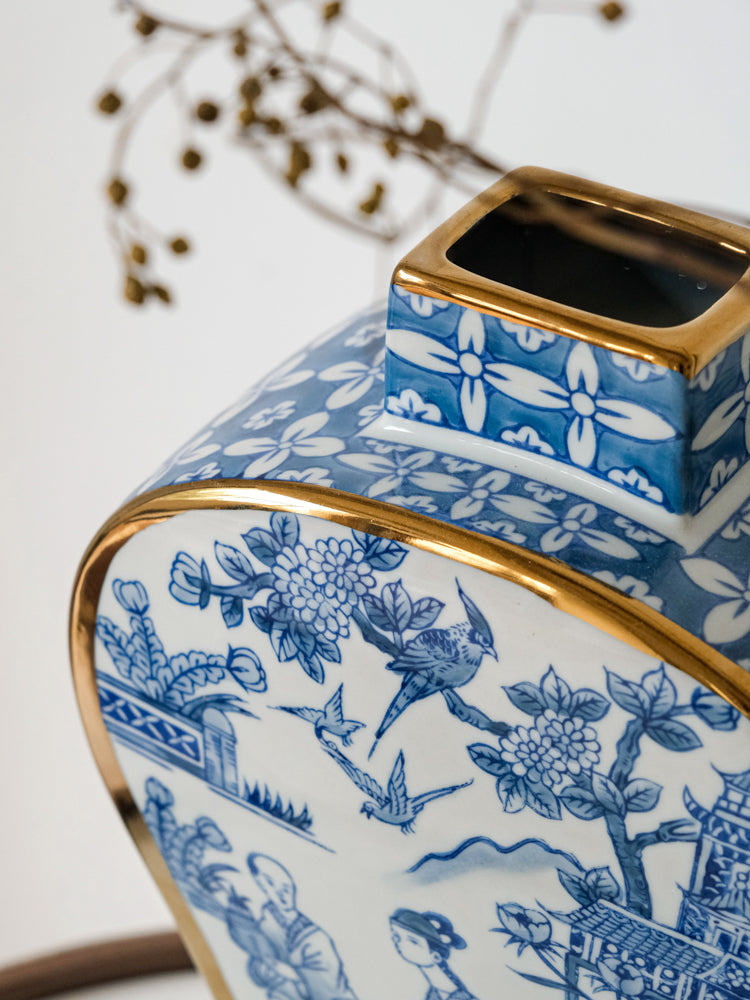 French Imported Oriental Hand-Painted Blue and White Porcelain Vases with Gilded Accents