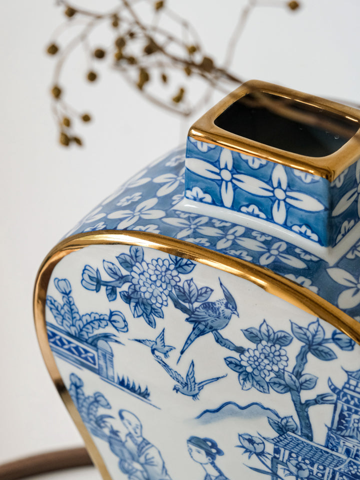 French Imported Oriental Hand-Painted Blue and White Porcelain Vases with Gilded Accents