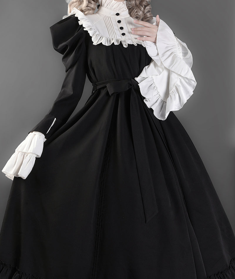 Victorian-Inspired Black and White Gothic Ball Gown with Cross Embroidery – Edwardian High Neck Lolita Dress Plus Size