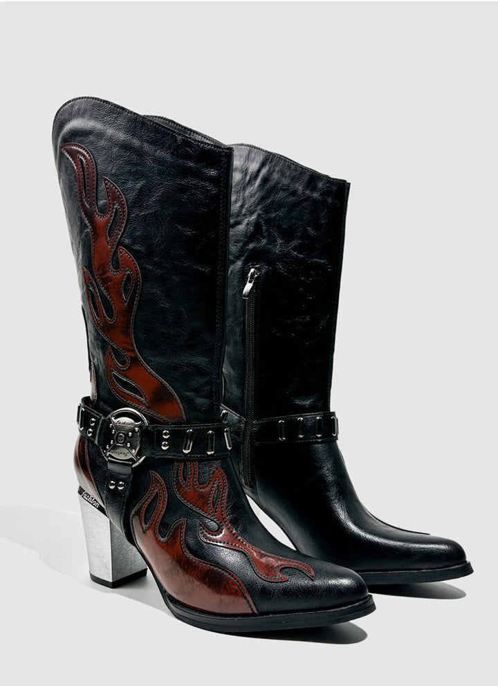 Vintage-Inspired Handmade Gothic Black Cowhide Leather Cowgirl Boots with Metal Heel Western Mid Calf Boots