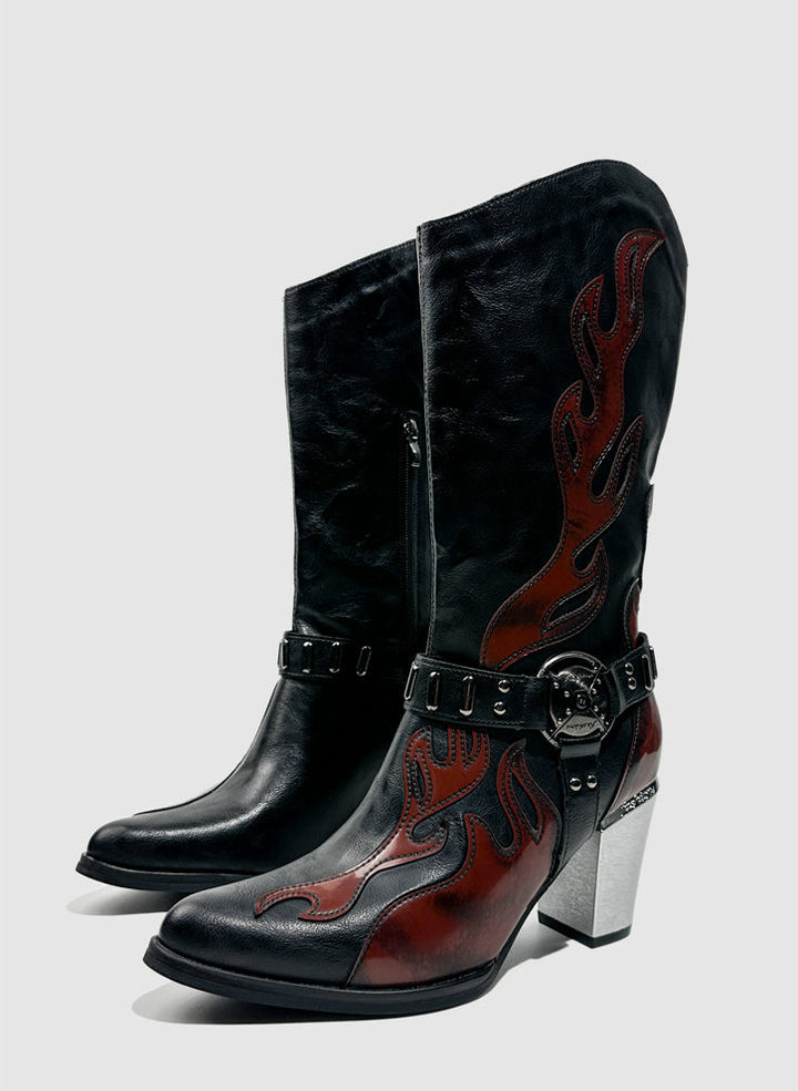 Vintage-Inspired Handmade Gothic Black Cowhide Leather Cowgirl Boots with Metal Heel Western Mid Calf Boots