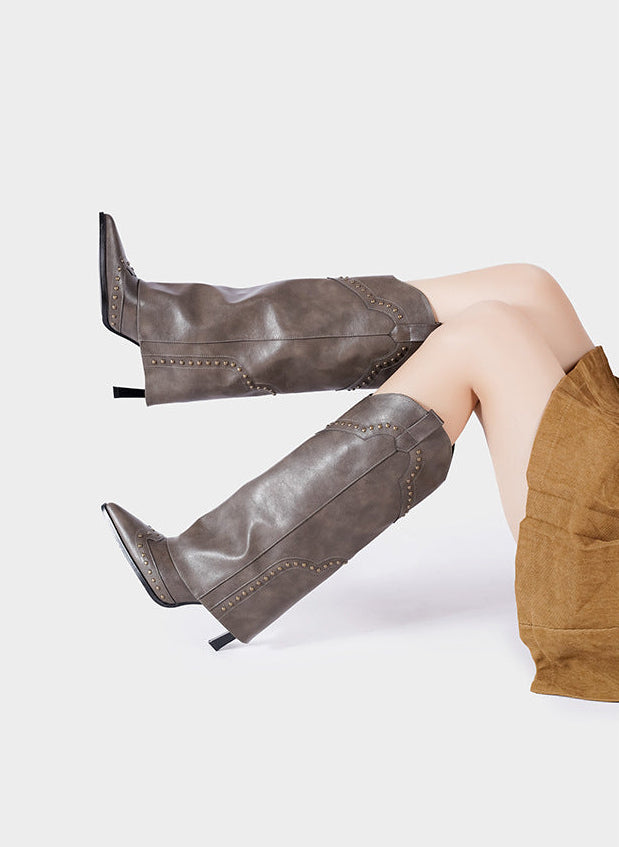 Vintage-Inspired Handmade Gothic Black Cowhide Leather Cowgirl Boots and Boho Western Heeled Boots