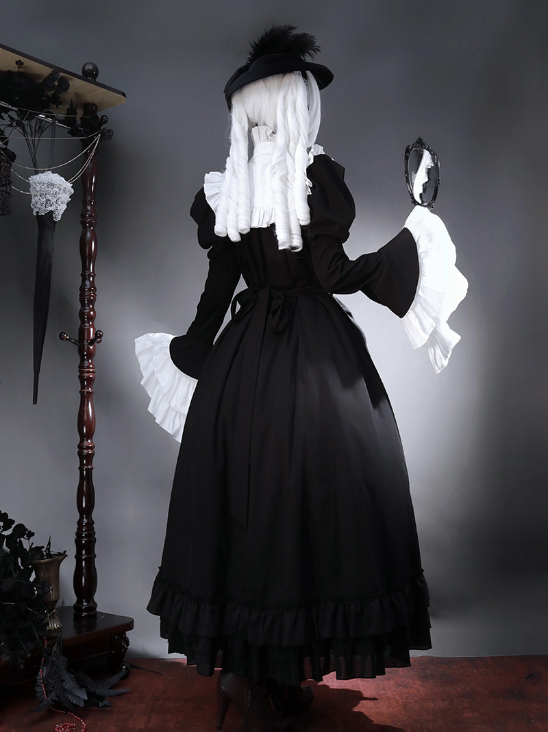 Victorian-Inspired Black and White Gothic Ball Gown with Cross Embroidery – Edwardian High Neck Lolita Dress Plus Size