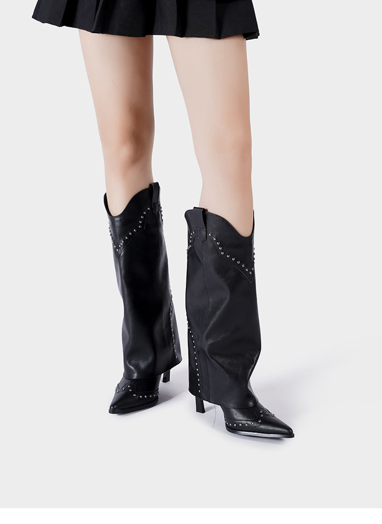 Vintage-Inspired Handmade Gothic Black Cowhide Leather Cowgirl Boots and Boho Western Heeled Boots