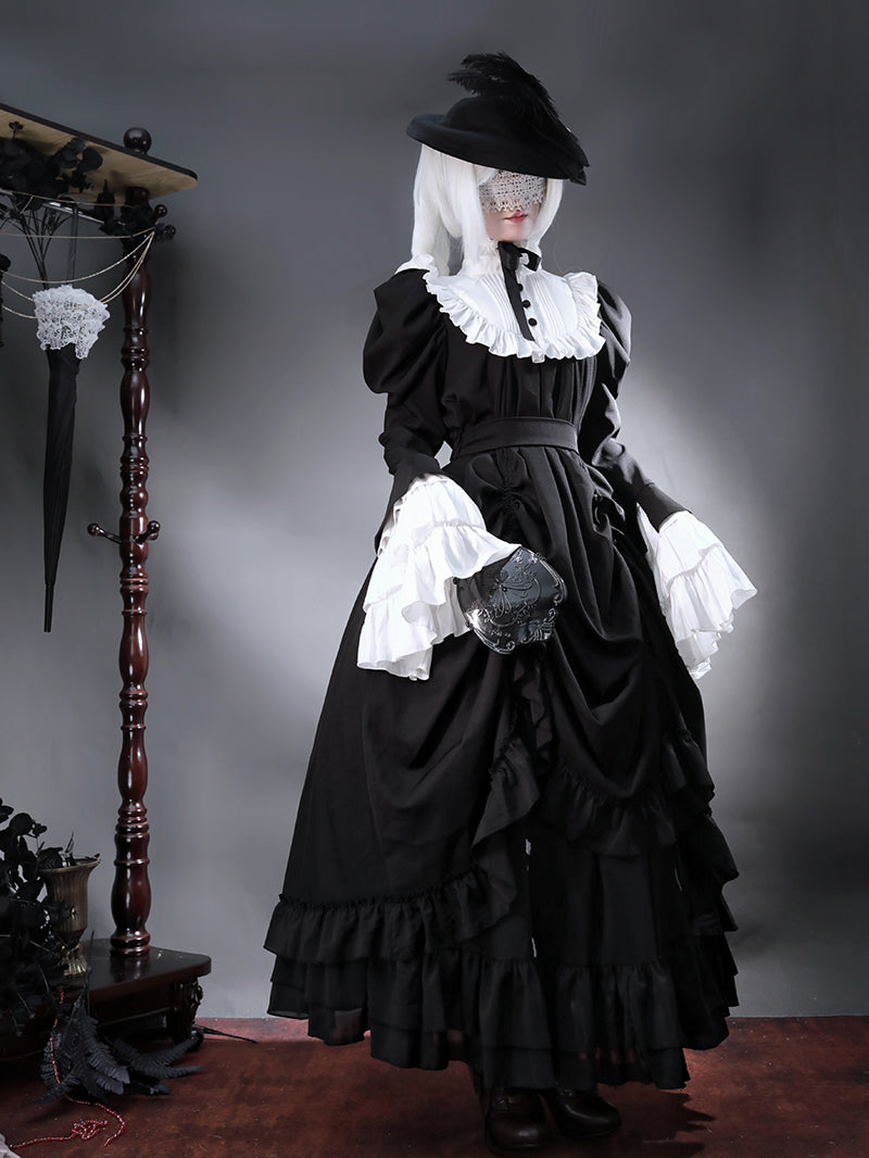 Victorian-Inspired Black and White Gothic Ball Gown with Cross Embroidery – Edwardian High Neck Lolita Dress Plus Size