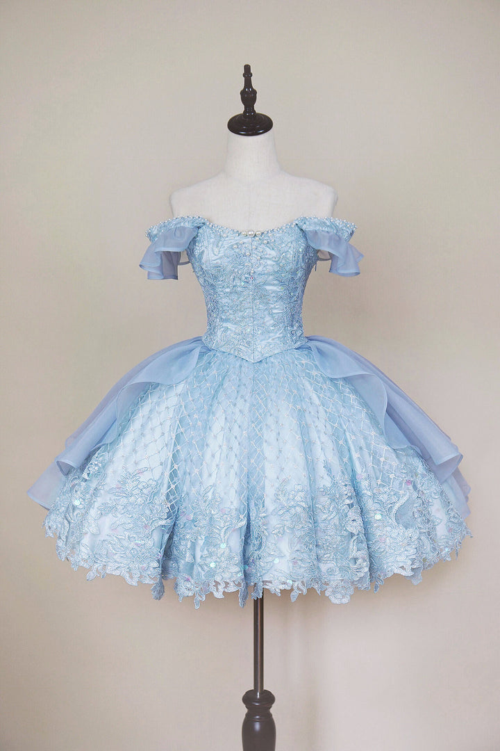 Light Blue Lolita Dress with Off-Shoulder - Short Evening Dress with Layered Ruffles – Lace Lolita Dress Plus Size