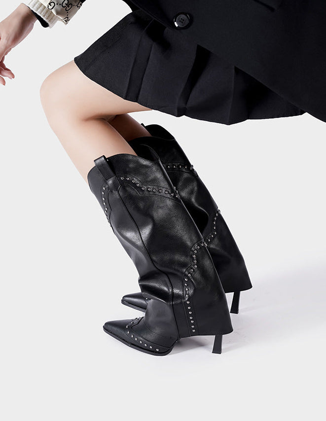 Vintage-Inspired Handmade Gothic Black Cowhide Leather Cowgirl Boots and Boho Western Heeled Boots