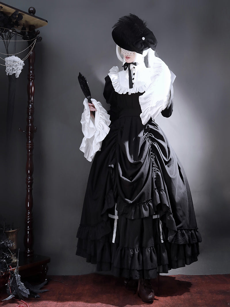 Victorian-Inspired Black and White Gothic Ball Gown with Cross Embroidery – Edwardian High Neck Lolita Dress Plus Size
