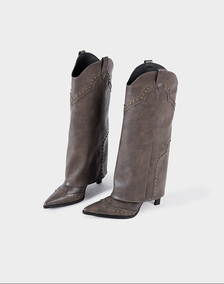 Vintage-Inspired Handmade Gothic Black Cowhide Leather Cowgirl Boots and Boho Western Heeled Boots