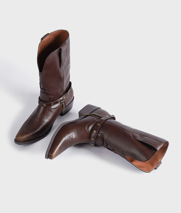 Vintage-Inspired Handmade Boho Brown Cowhide Leather Cowgirl Boots and Boho Western Boots