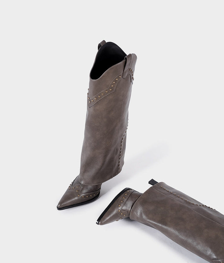 Vintage-Inspired Handmade Gothic Black Cowhide Leather Cowgirl Boots and Boho Western Heeled Boots
