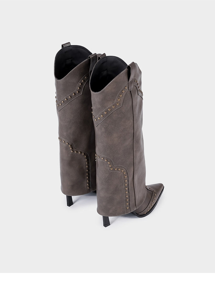 Vintage-Inspired Handmade Gothic Black Cowhide Leather Cowgirl Boots and Boho Western Heeled Boots