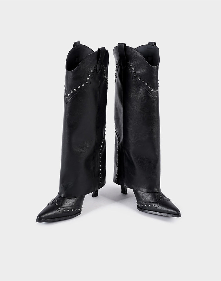 Vintage-Inspired Handmade Gothic Black Cowhide Leather Cowgirl Boots and Boho Western Heeled Boots