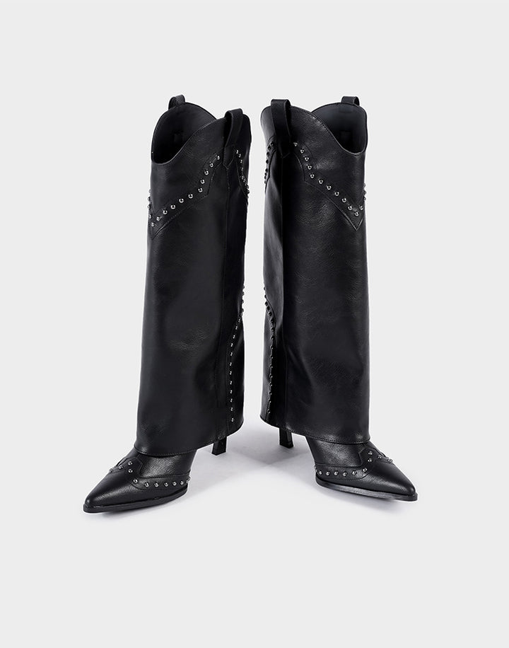 Vintage-Inspired Handmade Gothic Black Cowhide Leather Cowgirl Boots and Boho Western Heeled Boots