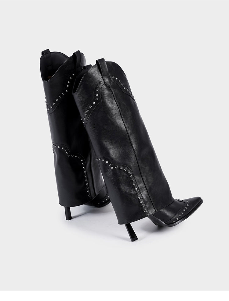 Vintage-Inspired Handmade Gothic Black Cowhide Leather Cowgirl Boots and Boho Western Heeled Boots
