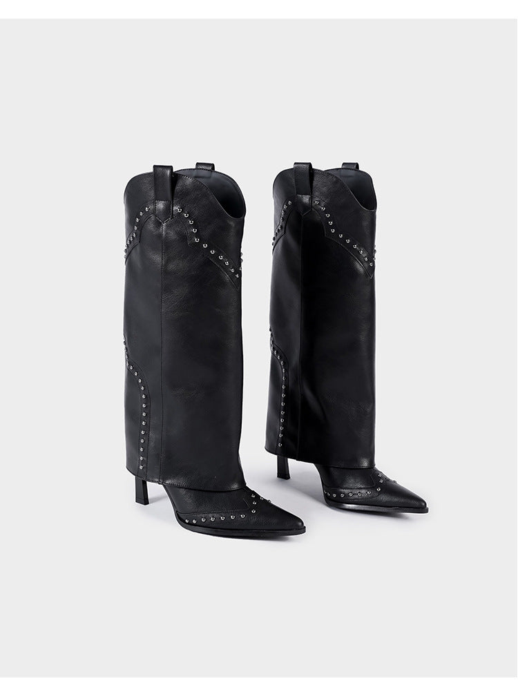 Vintage-Inspired Handmade Gothic Black Cowhide Leather Cowgirl Boots and Boho Western Heeled Boots