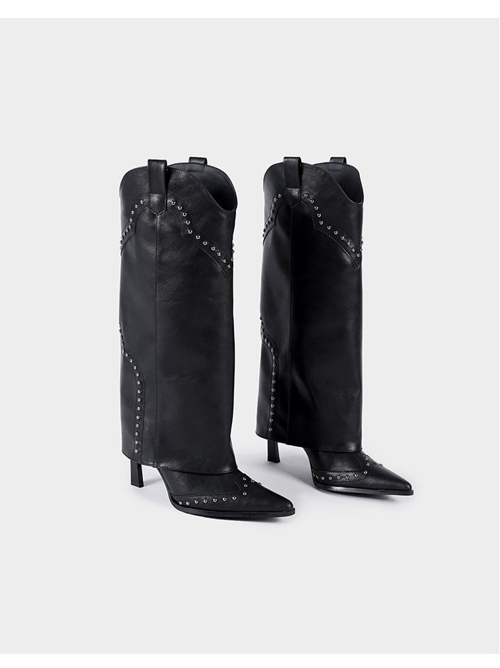 Vintage-Inspired Handmade Gothic Black Cowhide Leather Cowgirl Boots and Boho Western Heeled Boots