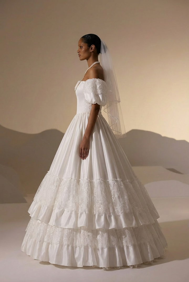 Vintage Puff Sleeve Wedding Dress with Lace Tiered Skirt – Ruffle Layered Wedding Dress with Bow Detail Plus Size