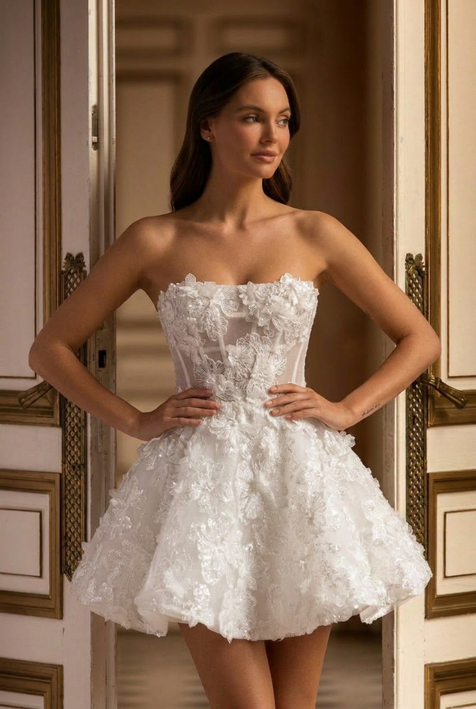 open lace back dress Short Bridal Wedding Dress with Corset Bodice – Strapless Wedding Dres –  WonderlandByLilian