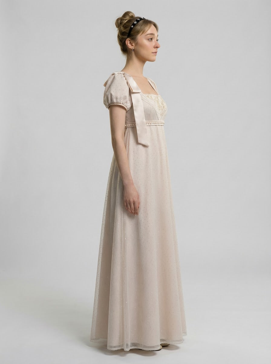 Regency Era Ivory Empire Waist Satin Dress with Puff Sleeves and Square Neckline Vintage Inspired Gown Plus Size Size 28W / Ivory / Without Shawl Regency Era Ivory Empire Waist Satin Dress with Puff Sleeves and Square Neckline Vintage Inspired Gown Plus Size Size 28W / Ivory / Without Shawl