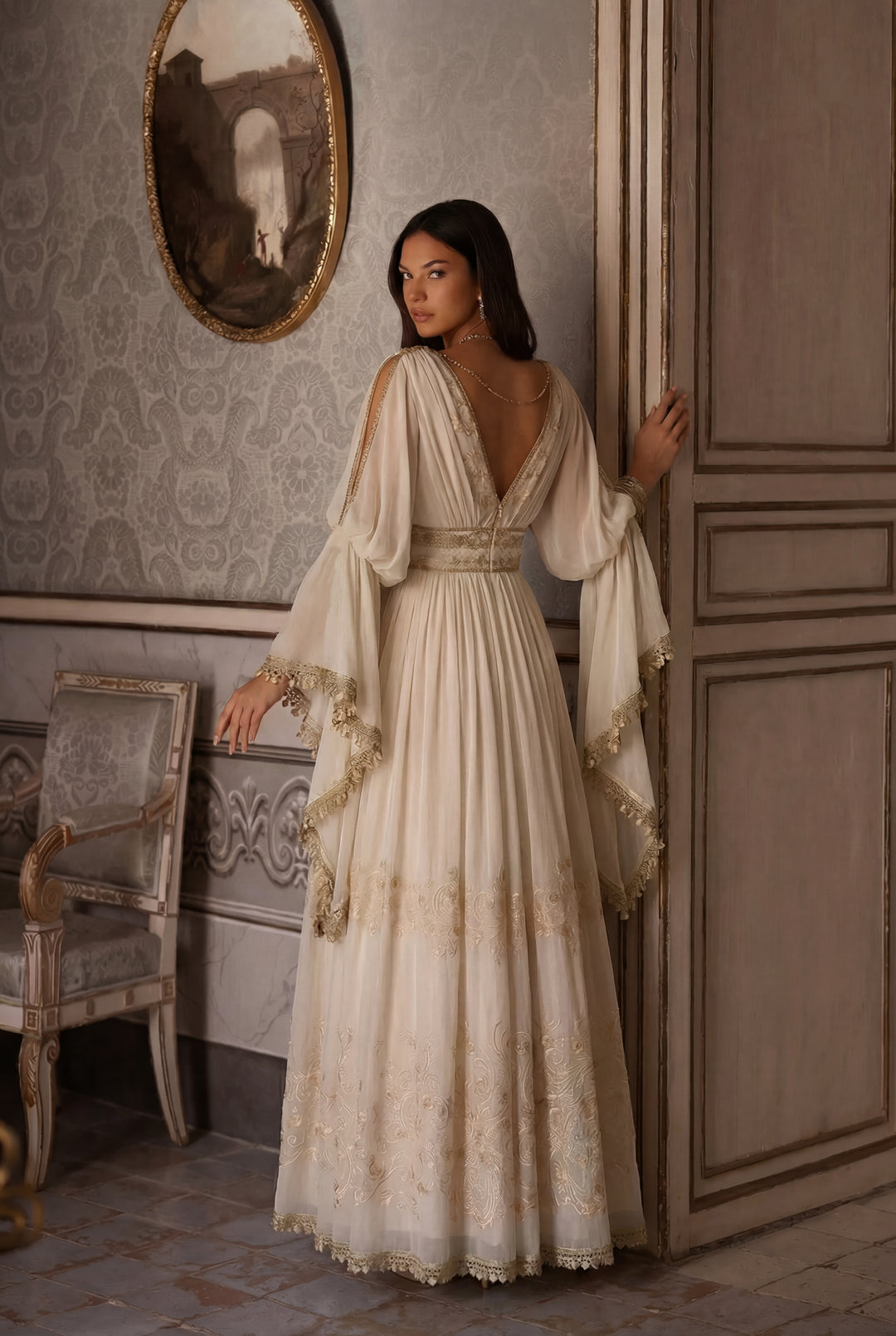 Ivory Fantasy Goddess Dress with Embroidered Details - Fantasy Dress with Flowing Sleeves and Corset Plus Size