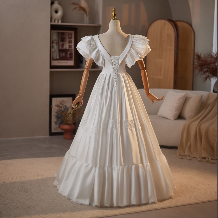 Retro Wedding Dress with Puff Sleeves – Simple Satin Wedding Dress with Ruffle Neckline Plus Size