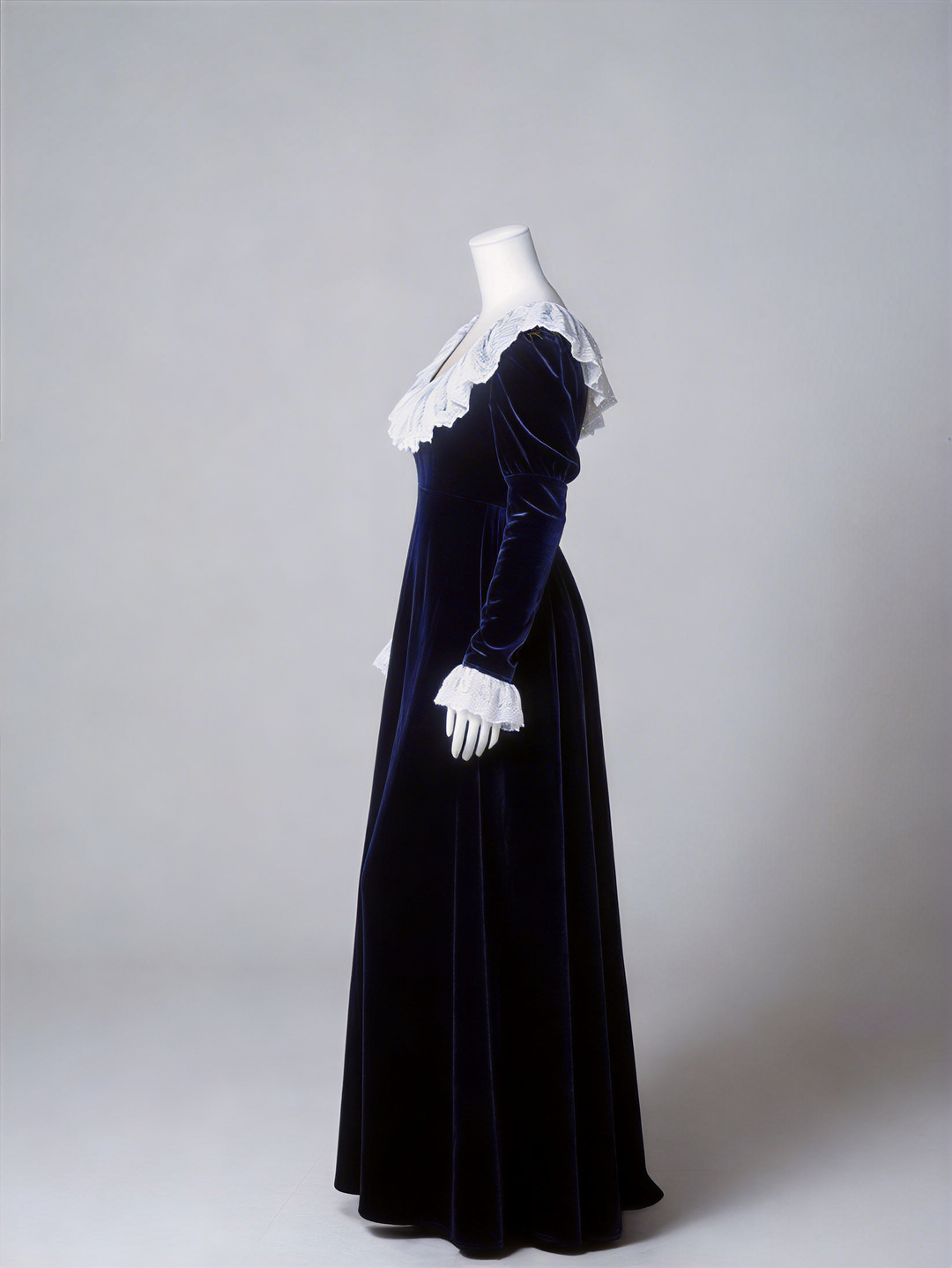Bridgerton Inspired Regency Era Navy Blue Velvet Empire Waist Dress with Gold Lace Collar and Long Sleeves Plus Size