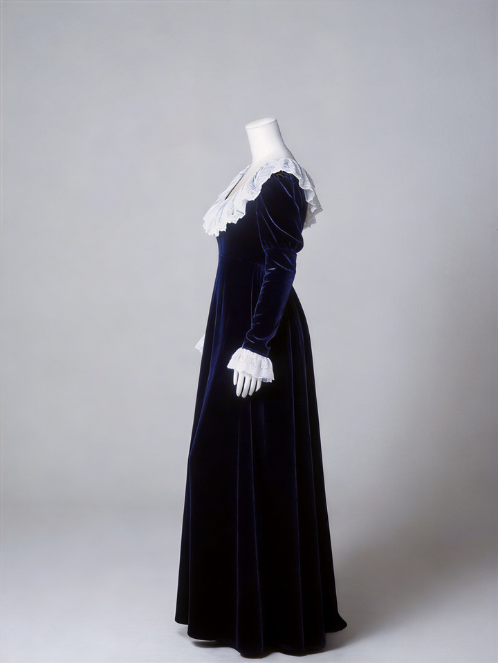 Bridgerton Inspired Regency Era Navy Blue Velvet Empire Waist Dress with Gold Lace Collar and Long Sleeves Plus Size