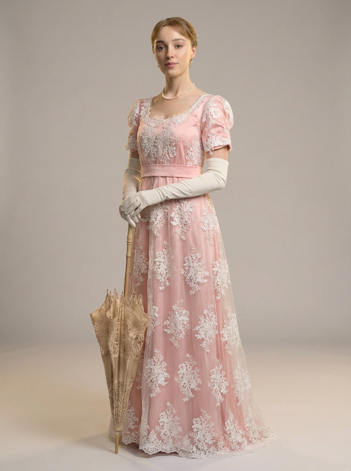 Regency Era Blush Pink Embroidered Empire Waist Vintage Gown – Bridgerton Inspired Lace Overlay Dress with Puff Sleeves Plus Size