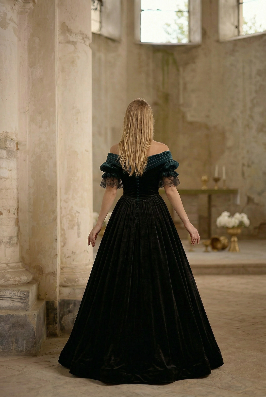 black velvet and lace goth dress Victorian Gothic Stand Collar Slit Black(As pictures show) Damask Black Velvet & Lace