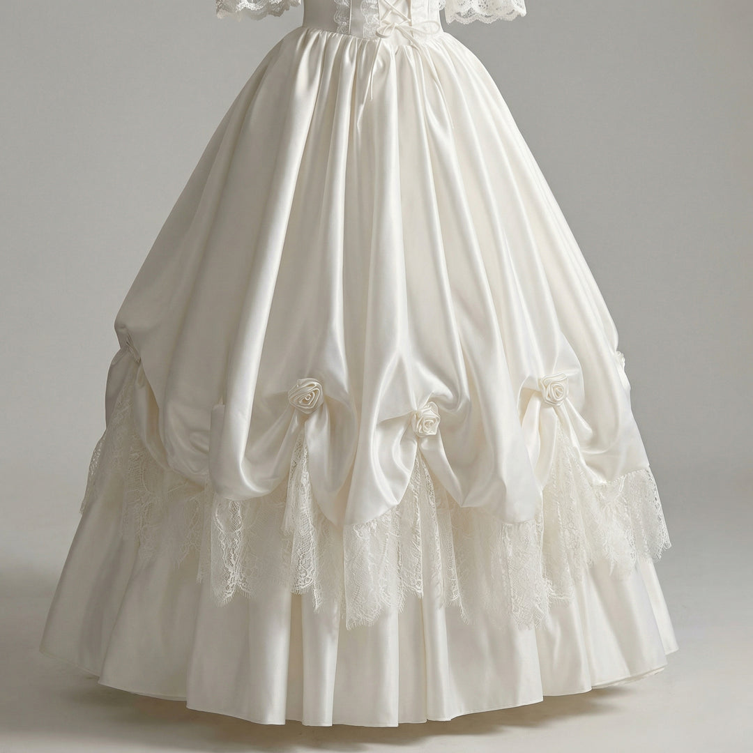 White Satin Wedding Dress with Puff Sleeve –  Lace Wedding Gown Off Shoulder with Ruched Skirt and Corset Plus Size