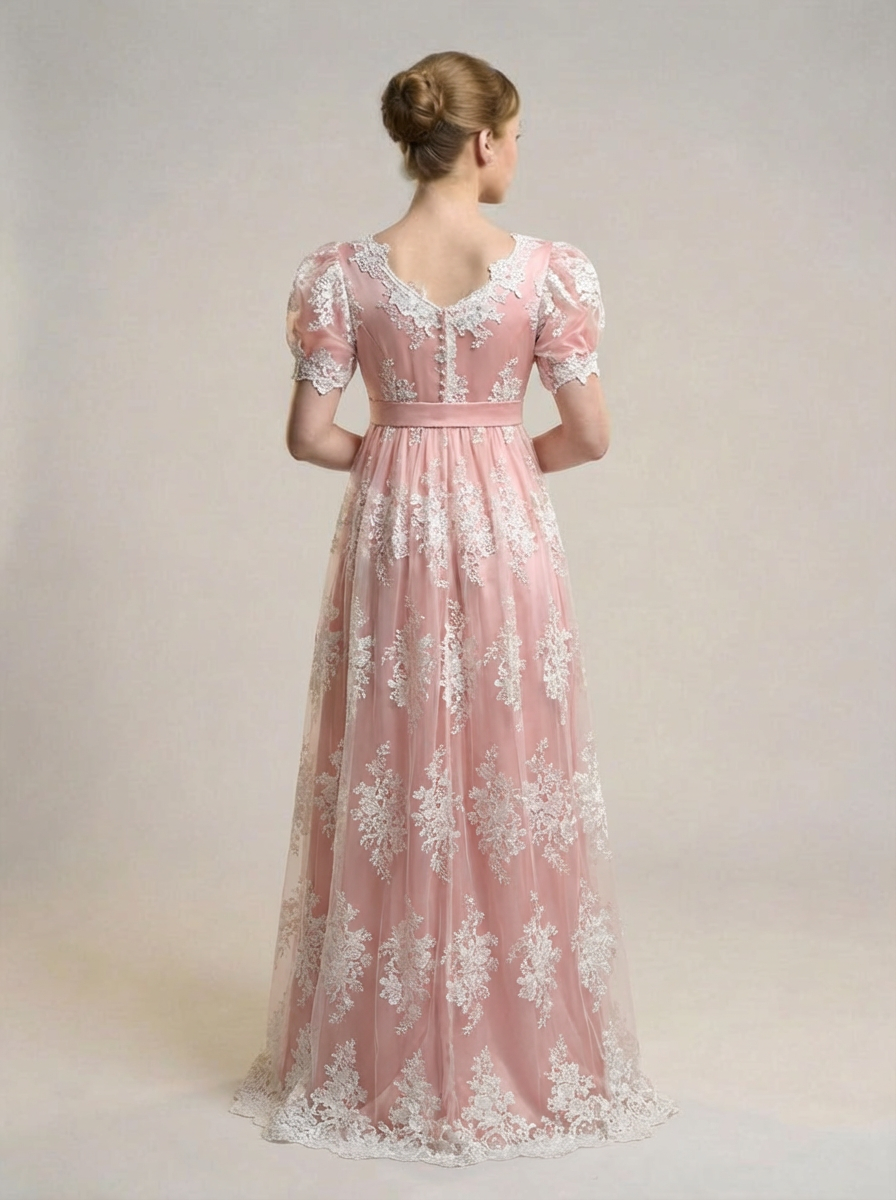 Regency Era Blush Pink Embroidered Empire Waist Vintage Gown – Bridgerton Inspired Lace Overlay Dress with Puff Sleeves Plus Size