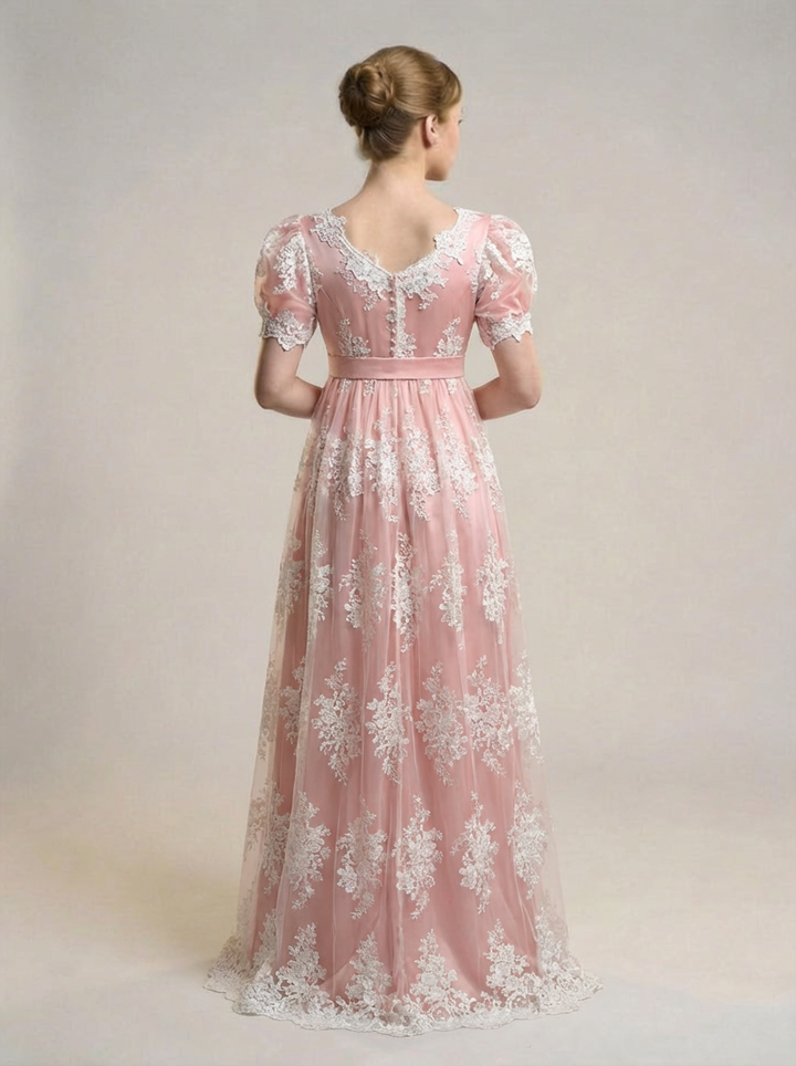 Regency Era Blush Pink Embroidered Empire Waist Vintage Gown – Bridgerton Inspired Lace Overlay Dress with Puff Sleeves Plus Size