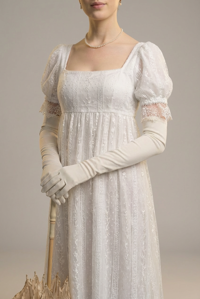 Romantic Regency Era White Lace Wedding Dress - Empire Waist Ball Gown Plus Size US16 / White Romantic Regency Era White Lace Wedding Dress - Empire Waist Ball Gown Plus Size US16 / White