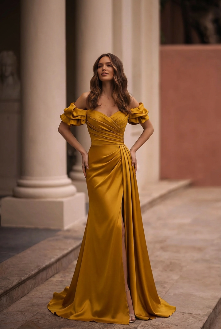 Vintage Off Shoulder Gold Satin Draped Evening Gown - Formal Dress Plus Size