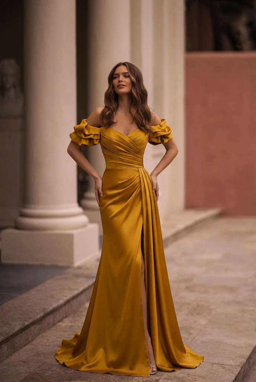 Vintage Off Shoulder Gold Satin Draped Evening Gown